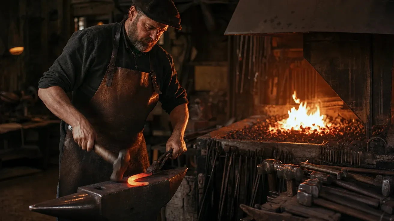 AI-generated blacksmith at a coal forge shaping a glowing horseshoe on an anvil in a dim workshop.
