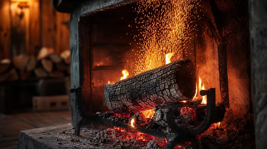 AI-generated intimate close-up of a winter hearth with a log shifting and a burst of fresh sparks rising up.