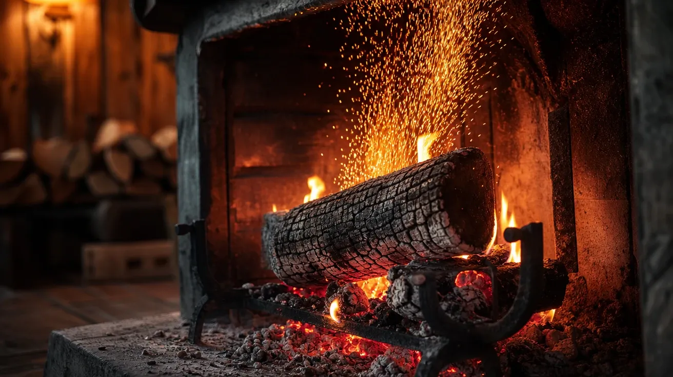 AI-generated intimate close-up of a winter hearth with a log shifting and a burst of fresh sparks rising up.