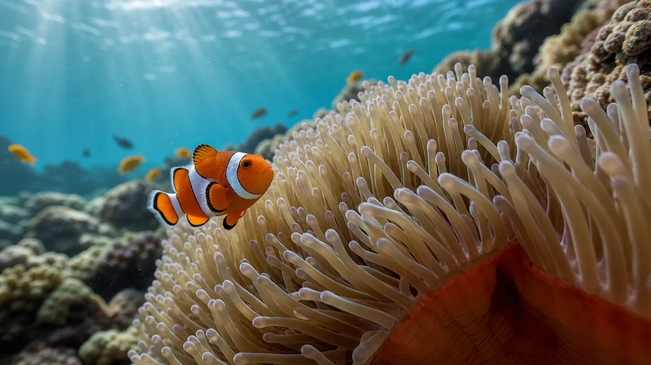 Single ocellaris clownfish hovering by a magnificent sea anemone in clear tropical reef water. AI fish stock photo.