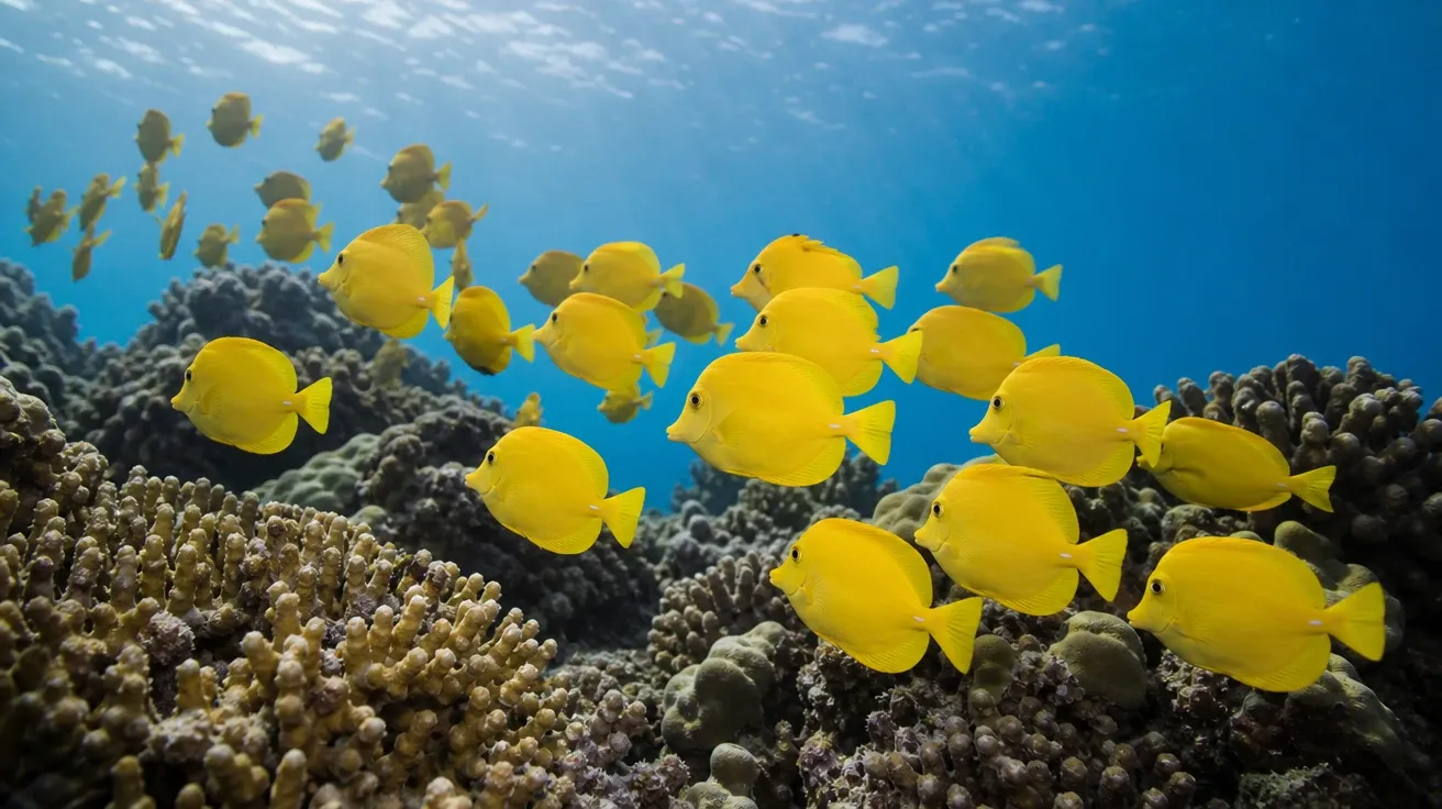 Peaceful school of yellow tang gliding together over a healthy hard-coral reef. AI fish stock photo.
