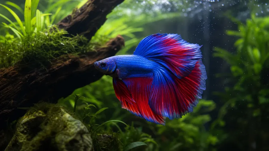 Male Siamese fighting fish with vibrant blue-red flared fins in a planted aquarium. AI fish stock photo.