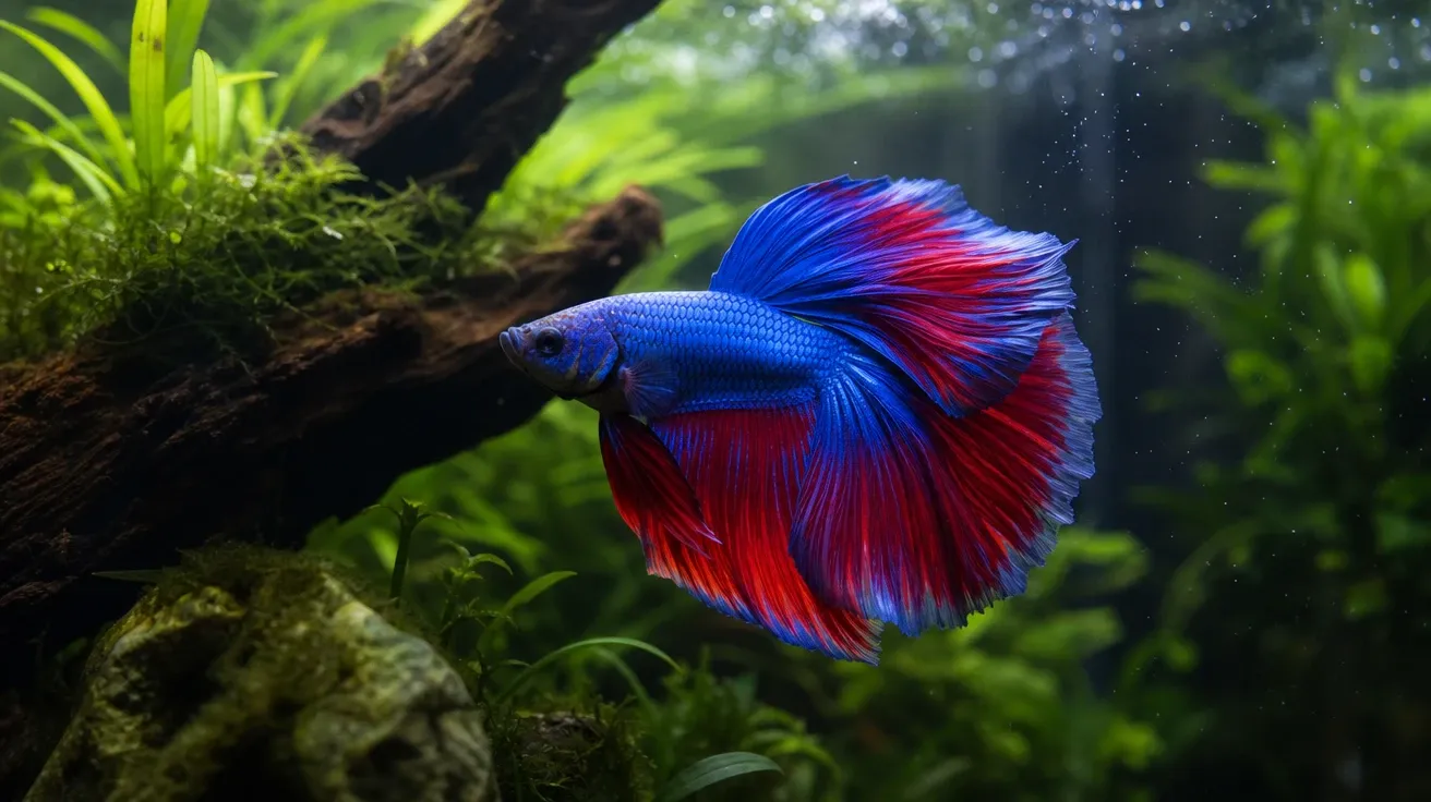 Male Siamese fighting fish with vibrant blue-red flared fins in a planted aquarium. AI fish stock photo.