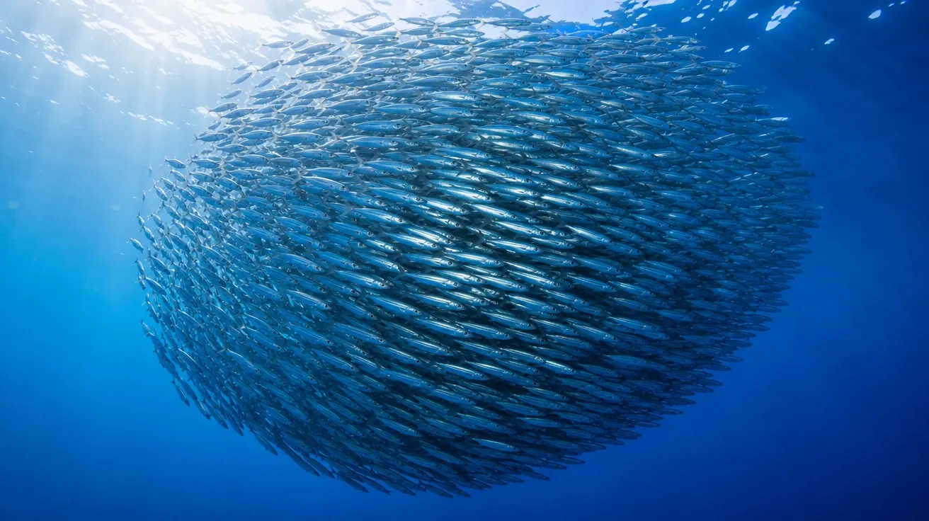 Tight bait-ball school of silver sardines turning together in clear blue open ocean. AI fish stock photo.
