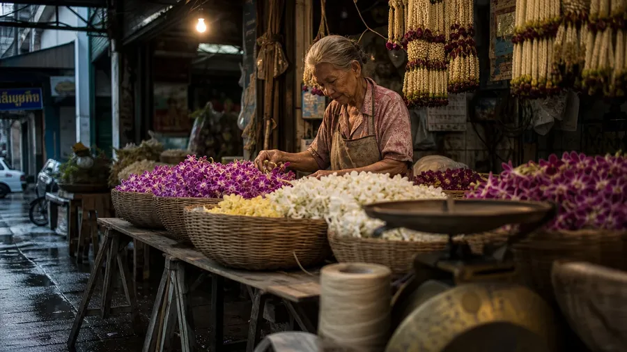 AI stock flower picture: Bangkok flower market vendor arranging orchid baskets at 5am