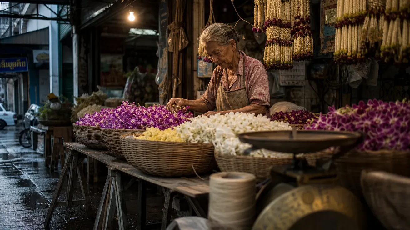 AI stock flower picture: Bangkok flower market vendor arranging orchid baskets at 5am