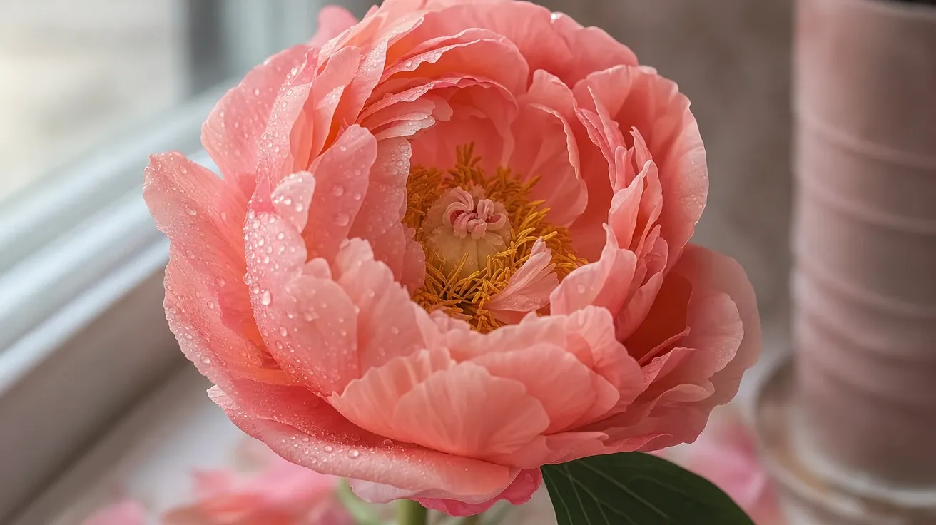 AI stock flower picture: Coral Charm peony close-up with morning dew on a kitchen windowsill