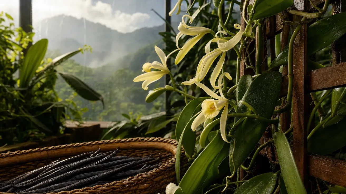 AI-generated stock flower image: Madagascar vanilla orchid in bloom in a highland greenhouse at dawn