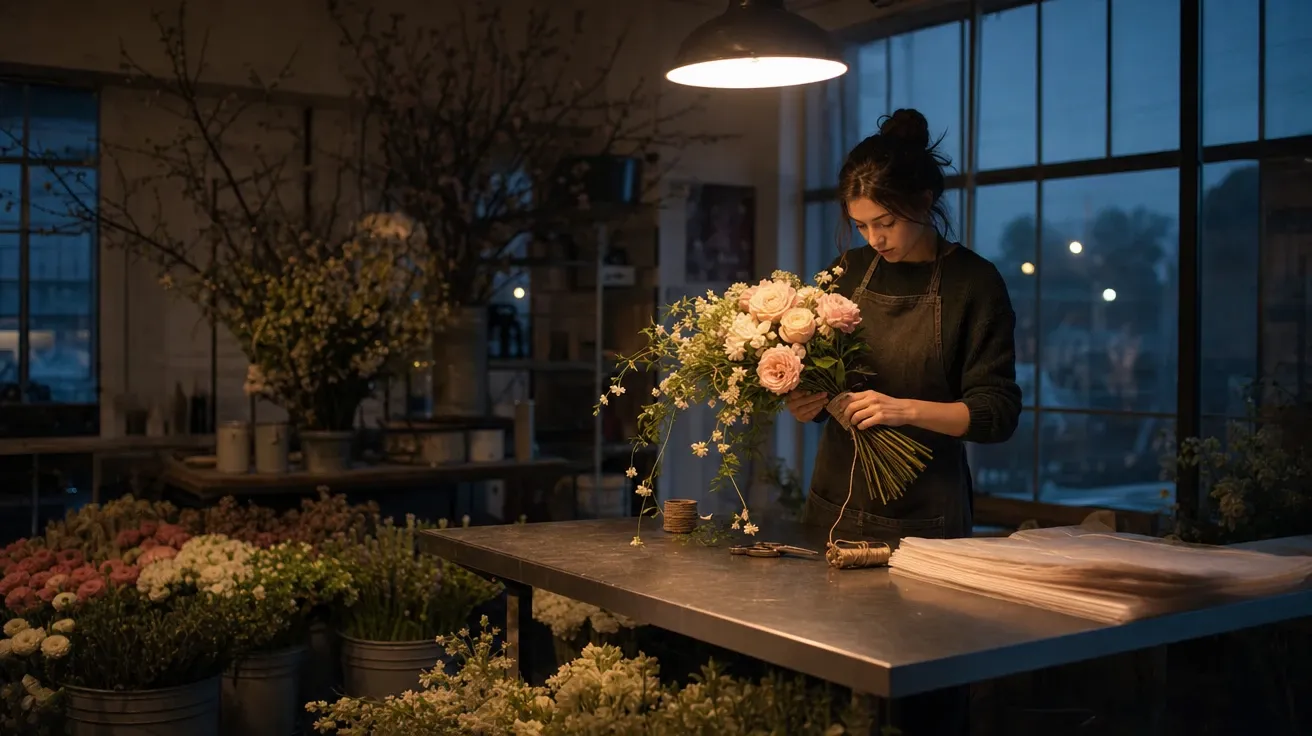 AI-generated stock flower image: florist's workshop at 5am, hand-tying a wedding bouquet