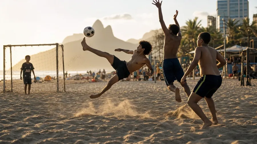 AI stock football image: futsal pickup at Copacabana at golden hour with a beach-sand court