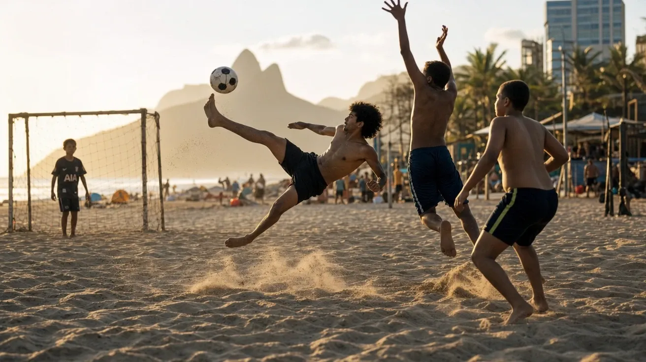 AI stock football image: futsal pickup at Copacabana at golden hour with a beach-sand court