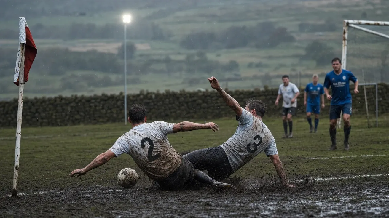 AI-generated stock football photo of a West Yorkshire Sunday-league match in muddy rain