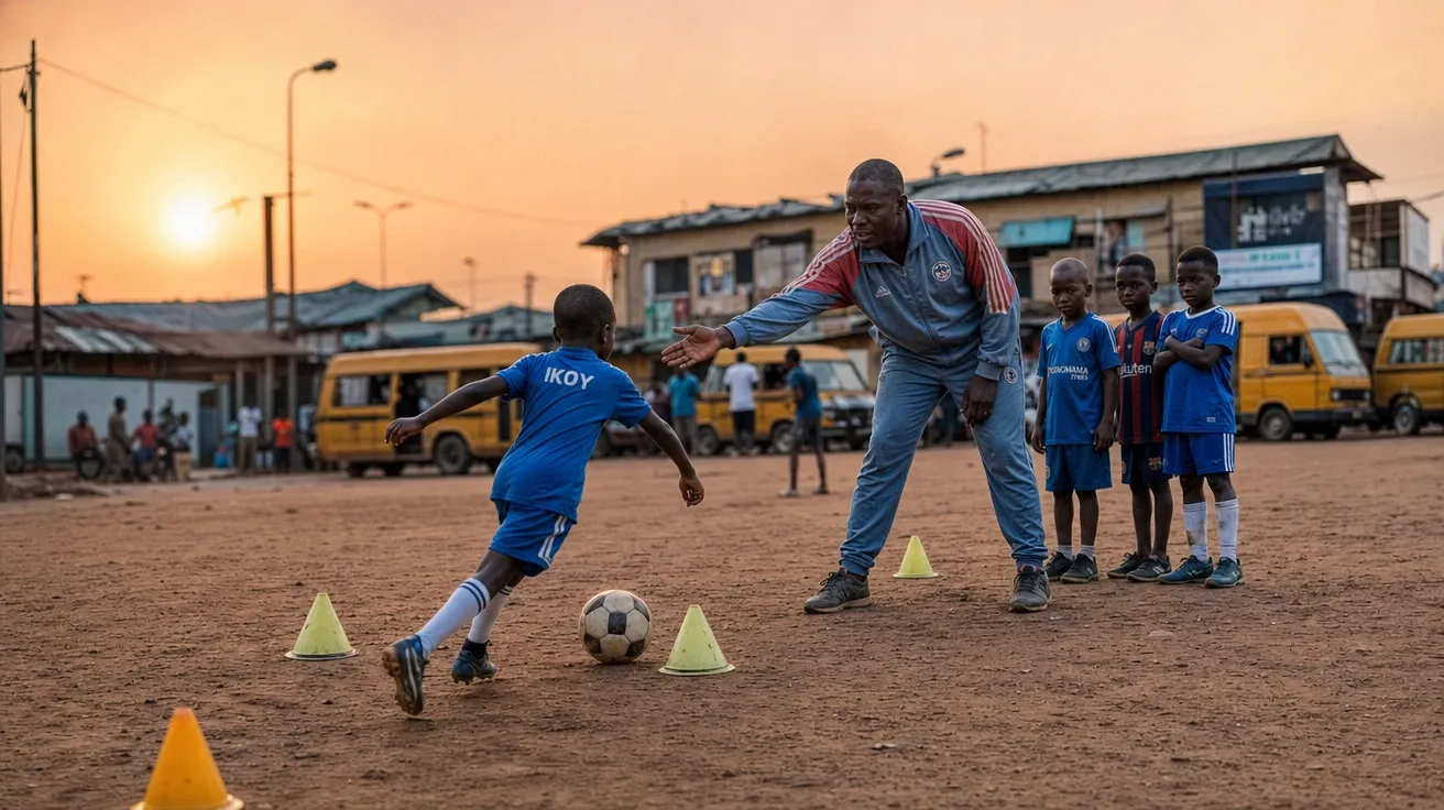 AI-generated stock football photo of a youth coach teaching a one-touch pass on a Lagos street pitch