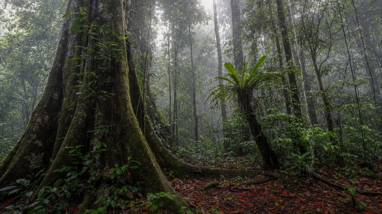Borneo cloud forest at first light with mossy buttress roots, AI-generated forest images.
