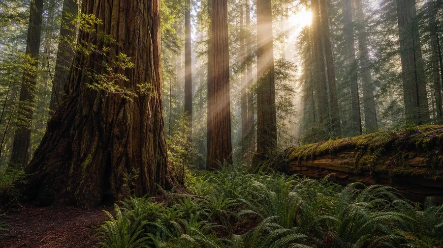Pacific redwood cathedral with god-ray fog and fern understory, AI stock forest picture.