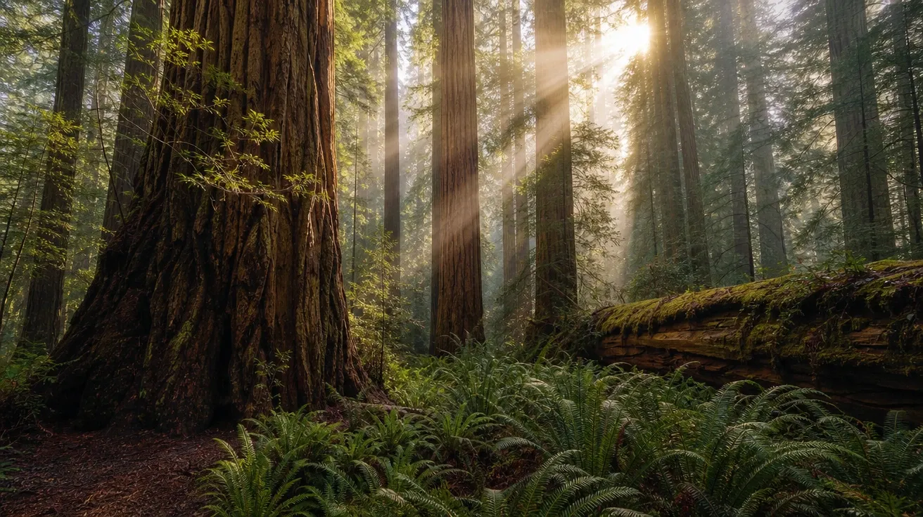 Pacific redwood cathedral with god-ray fog and fern understory, AI stock forest picture.