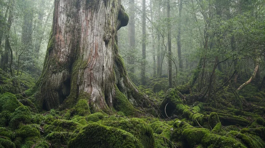 Yakushima ancient cedar grove with deep moss carpet, AI stock forest biome image.