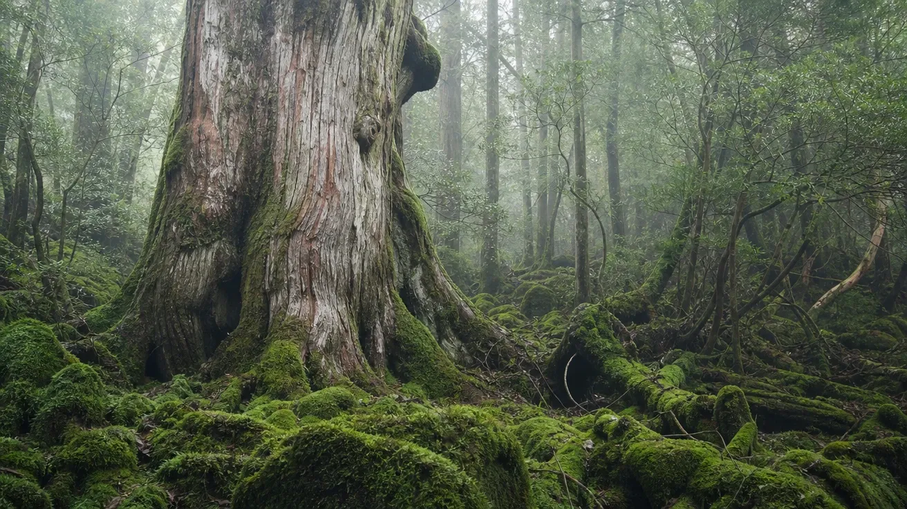 Yakushima ancient cedar grove with deep moss carpet, AI stock forest biome image.