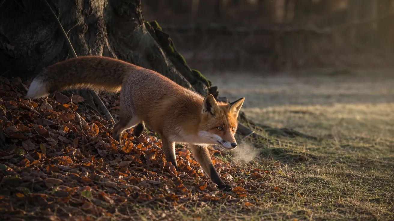 Red fox stepping out from beech leaf litter at dawn, AI stock forest image.