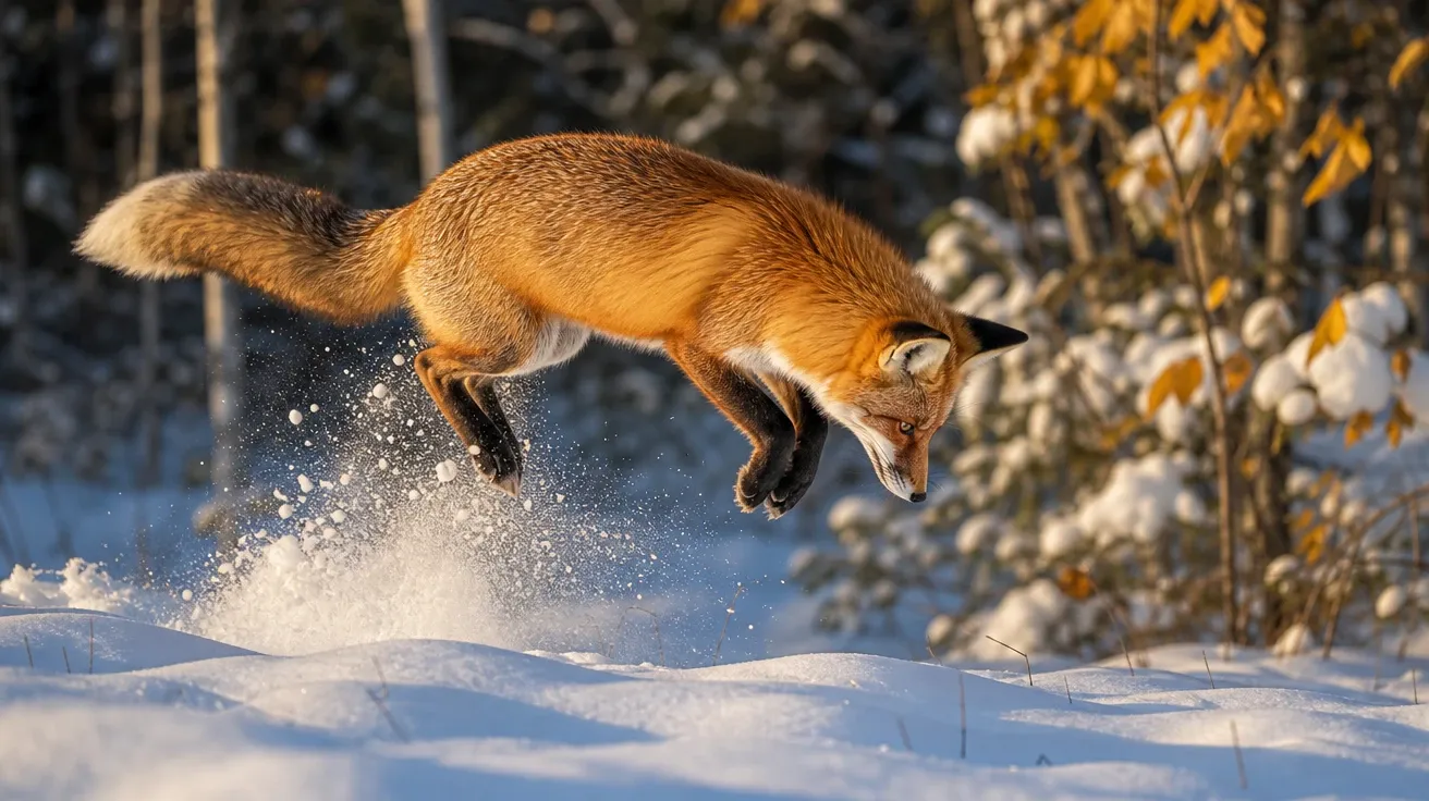 Wild red fox in mid-air pounce through deep snow at dawn hunting voles in boreal forest, AI-generated stock fox image.