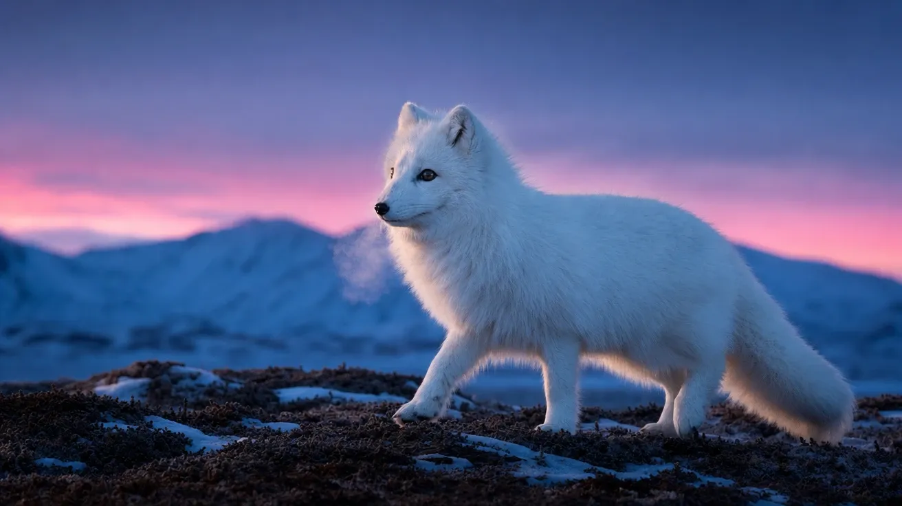 Pure-white Arctic fox in winter coat on Svalbard tundra ridge at twilight with breath fog, AI-generated stock fox image.