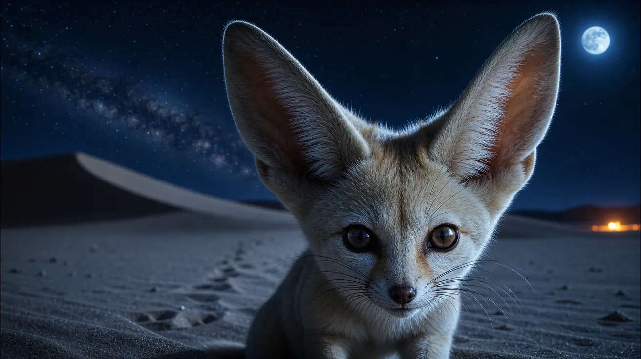 Fennec fox with oversized ears in close-up under moonlit Sahara dune at midnight, AI-generated stock fox image.