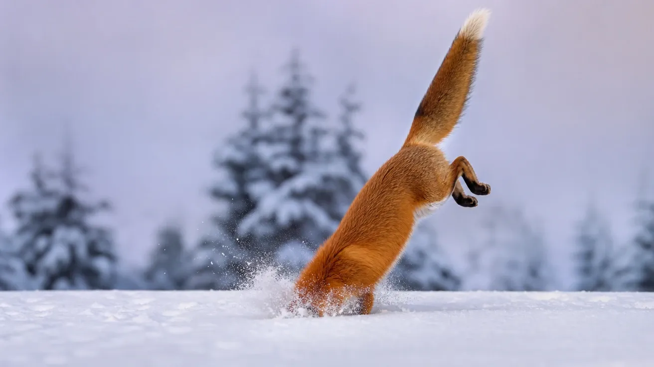 Wild red fox in dramatic vertical mouse-pounce diving headfirst into deep snow, AI-generated stock fox image.