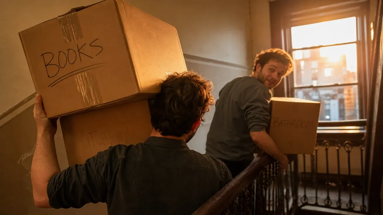 Two best friends carrying boxes up a walk-up stairwell at sunset, AI stock friendship image.