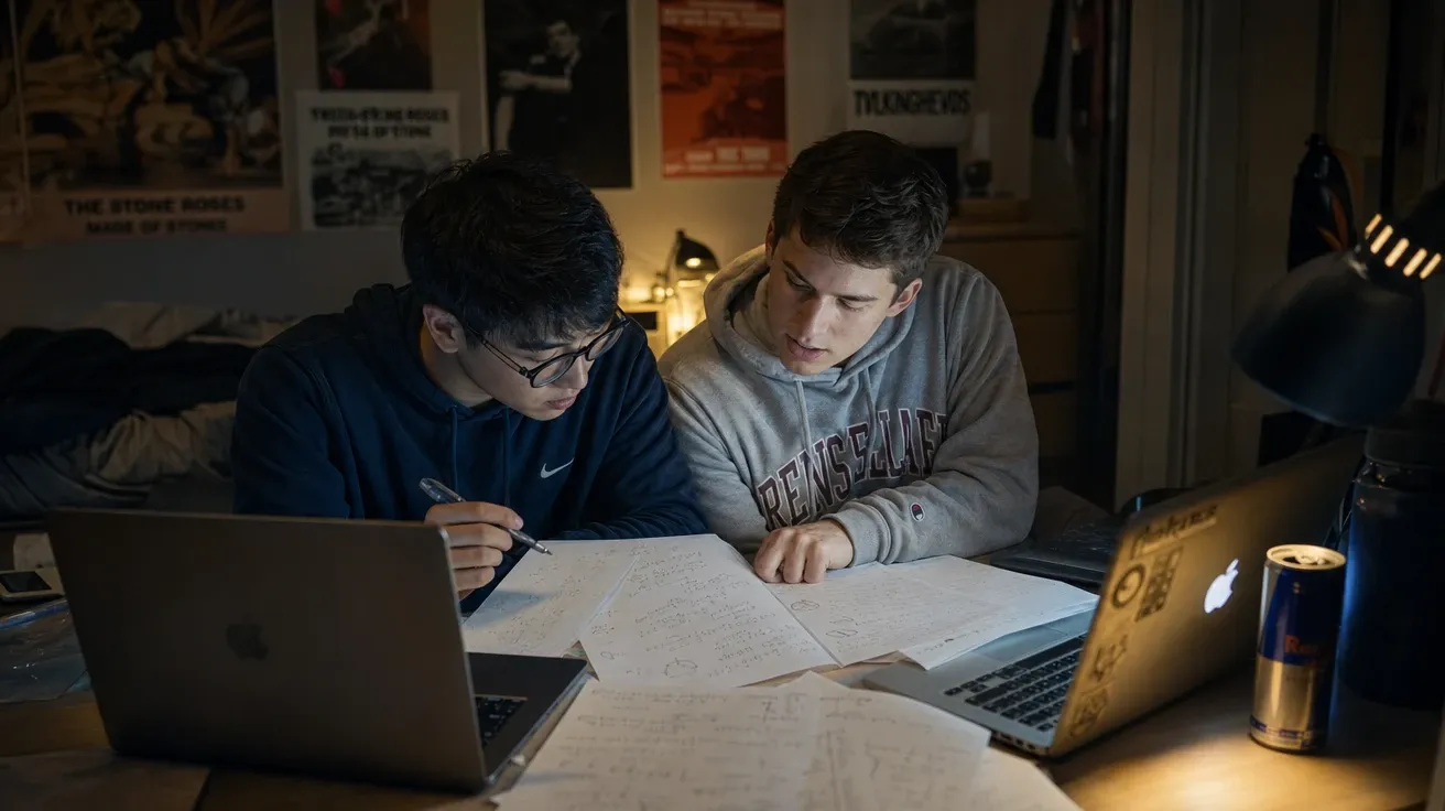 College roommates studying at 2 AM in a dorm with laptops, AI-generated friendship images.