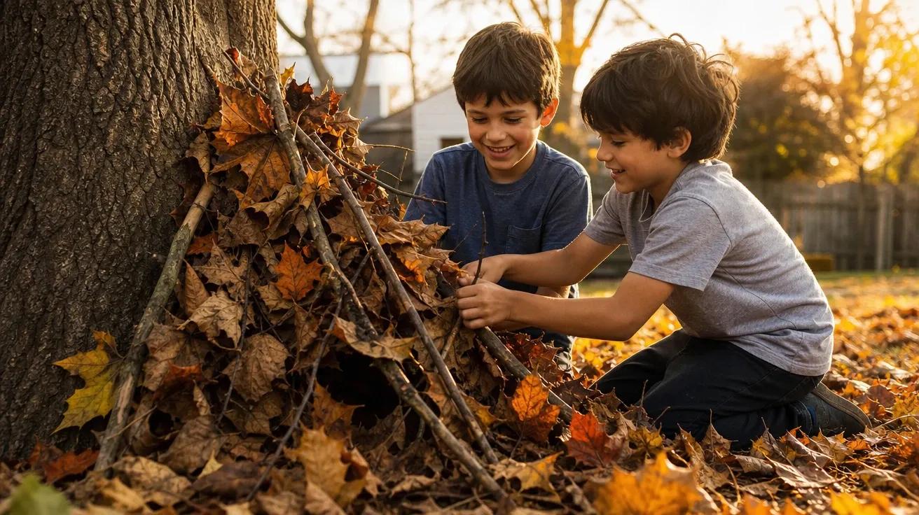 Grade-school best friends building a leaf-fort in a backyard, AI stock friendship lifecycle image.