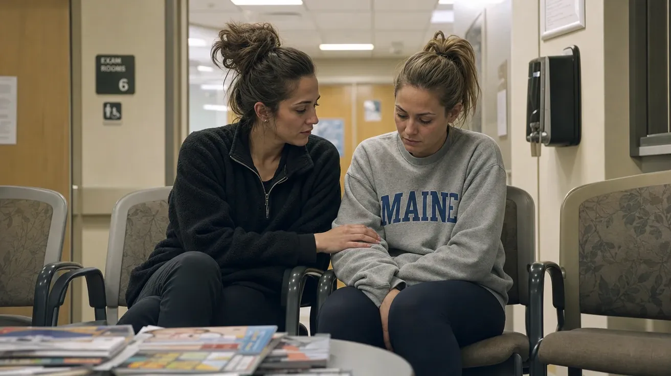 Two friends side-by-side in a hospital waiting room, AI stock friendship moment image.