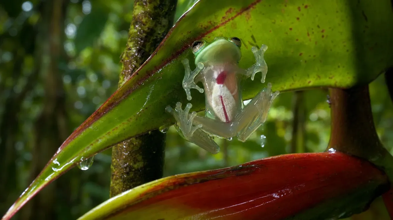 Translucent glass frog on a wet leaf, AI-generated stock frog macro image.