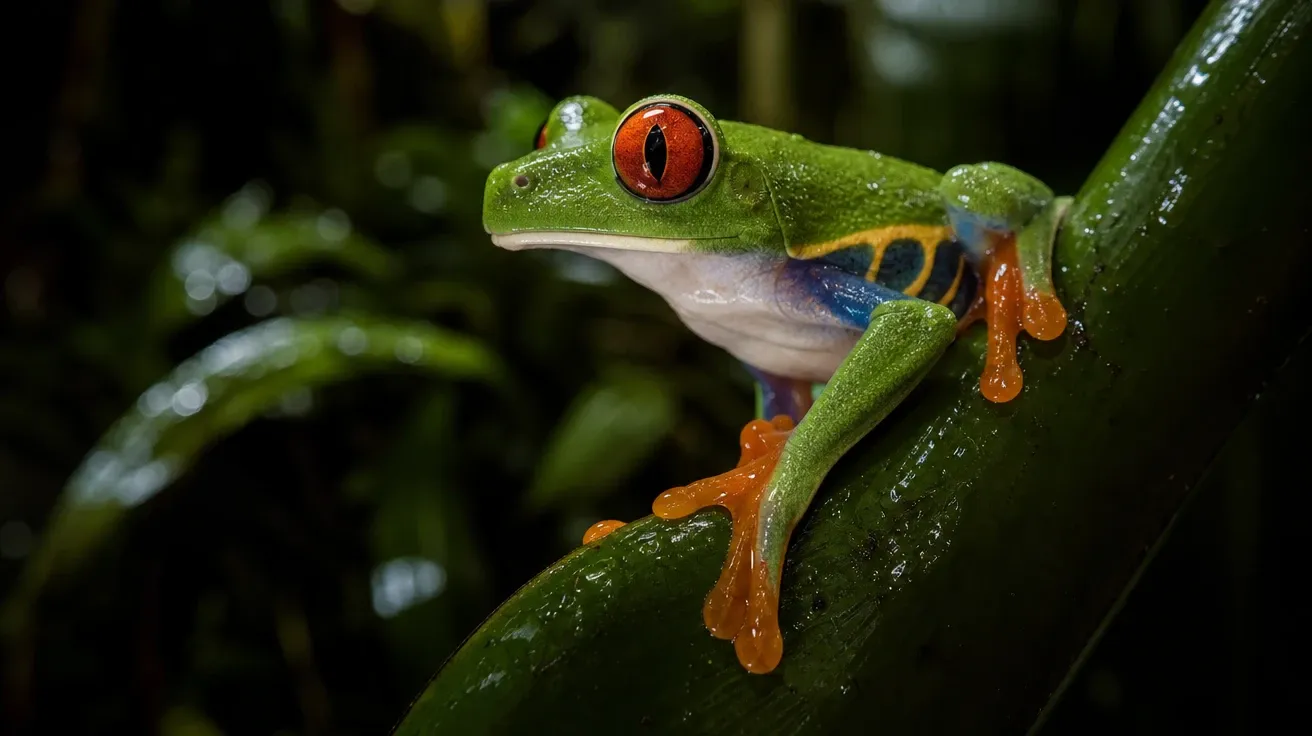 Red-eyed tree frog on a wet heliconia leaf at night, AI-generated frog stock image.