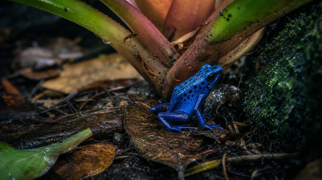 Cobalt poison dart frog on rainforest leaf litter, AI stock frog species image.