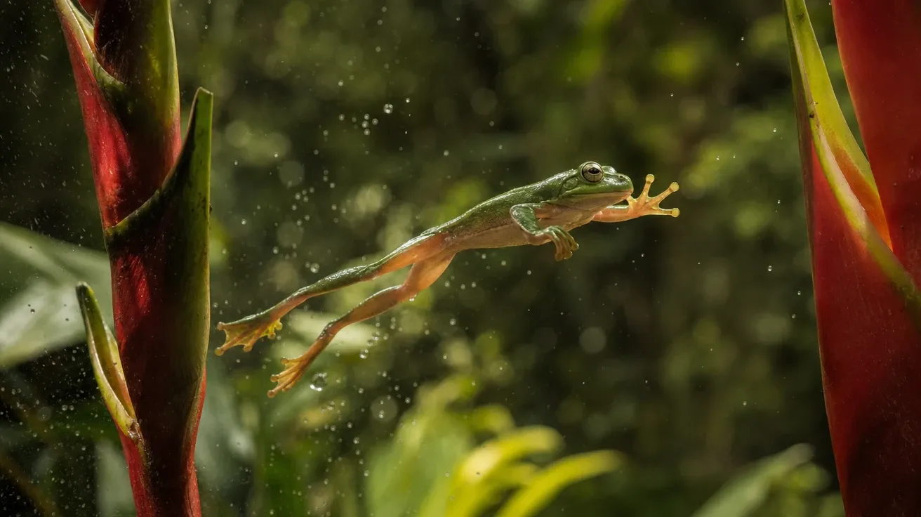 Tree frog mid-leap between heliconia stems with rain droplets, AI stock frog image.