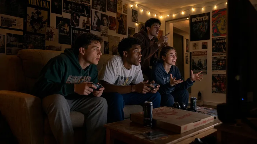 College dorm co-op gaming session on a couch in front of a wall-mounted TV at night, AI-generated gaming images.