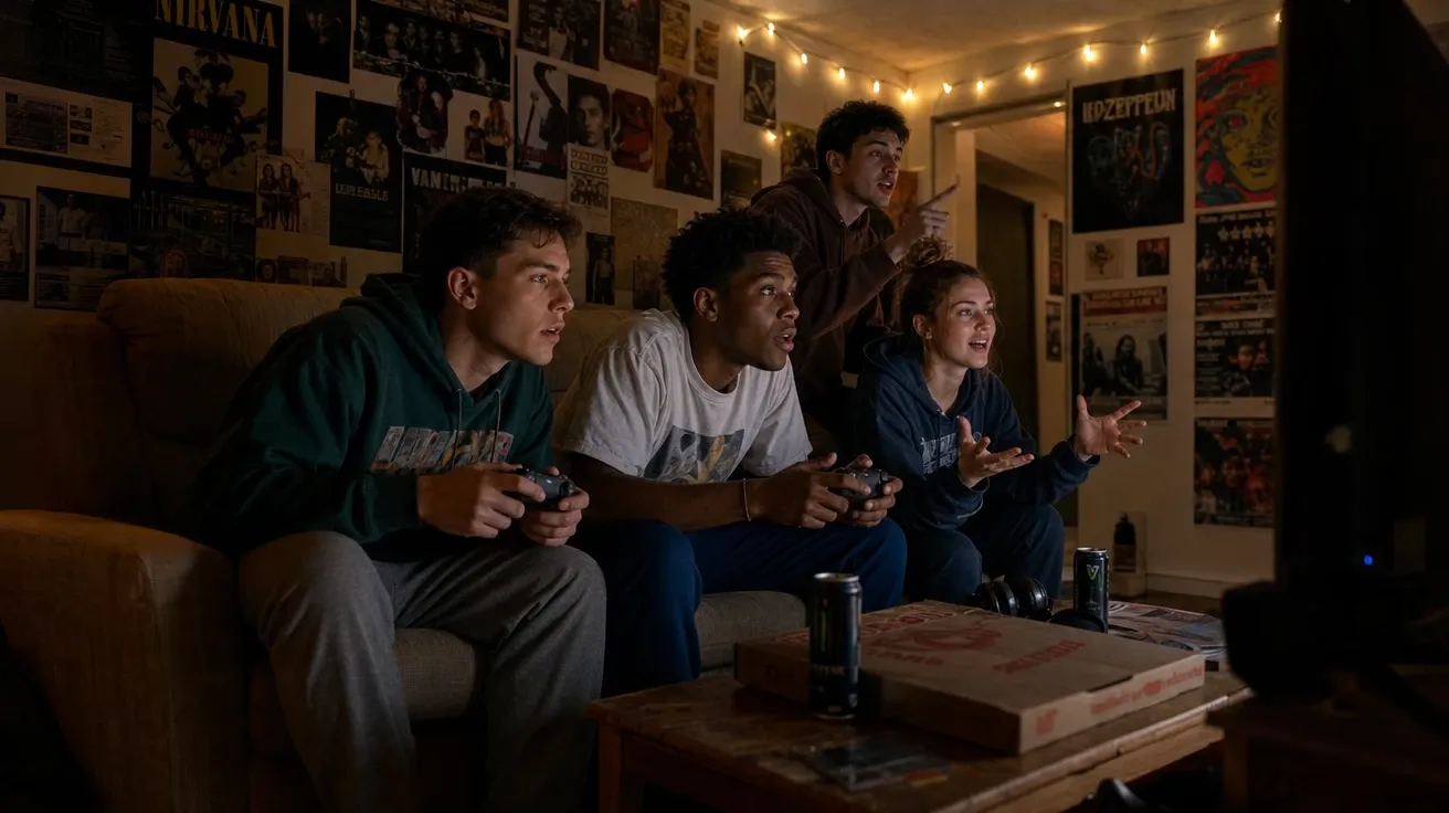 College dorm co-op gaming session on a couch in front of a wall-mounted TV at night, AI-generated gaming images.