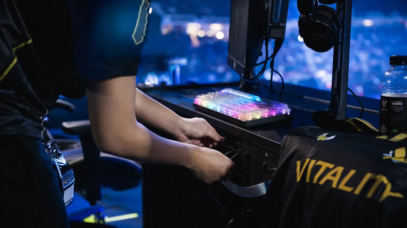Hands plugging in a mechanical keyboard at a tournament battlestation pre-match, AI-generated gaming images stock.