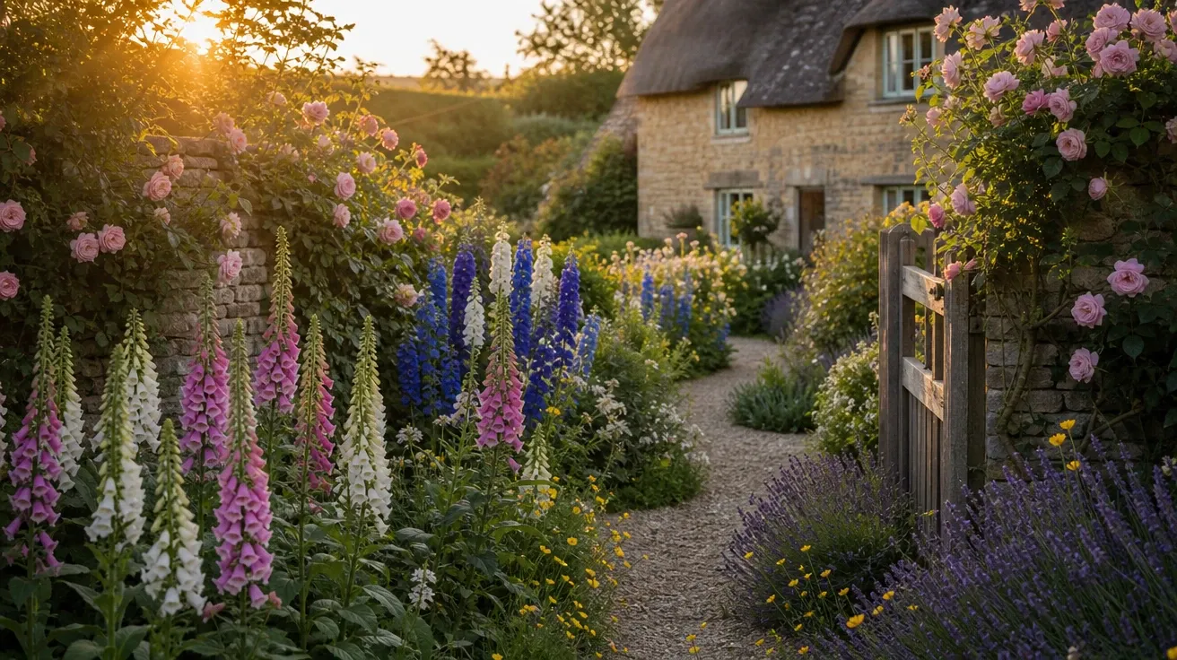 Cotswolds English cottage garden in late June bloom at golden hour, AI-generated garden images stock photo.