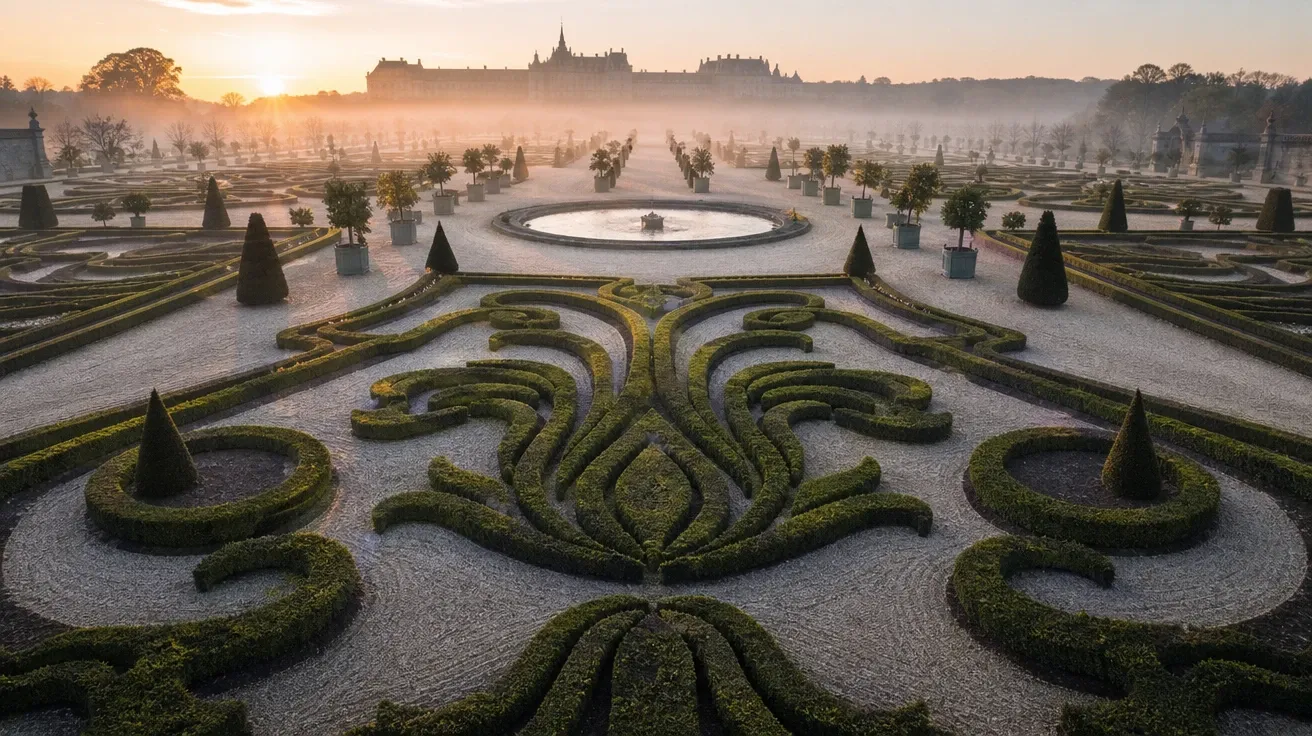 Versailles-style French parterre at first light with clipped boxwood and gravel paths, AI-generated garden images.