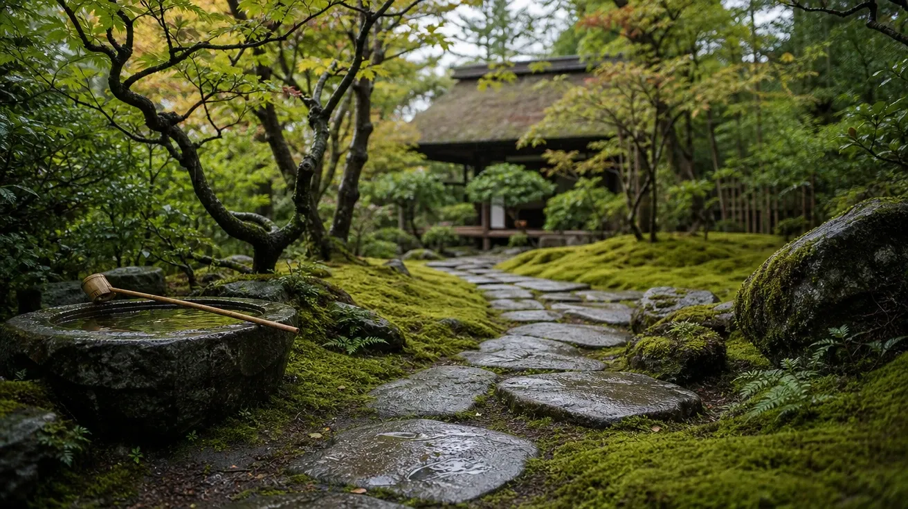 Japanese tea garden with moss path and stone water basin after rain, AI-generated garden images stock.