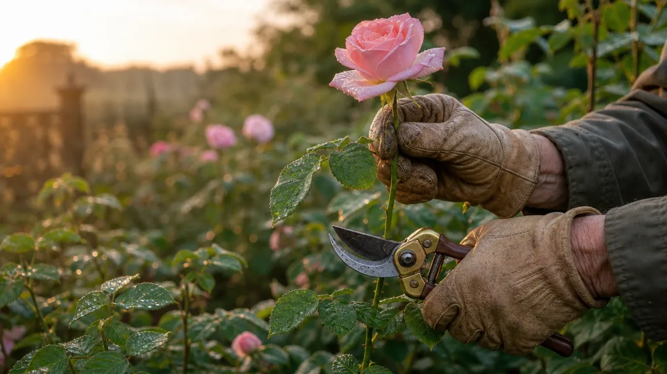 Gardener's hands pruning a pink rose at dawn with brass secateurs, AI-generated garden images stock photo.