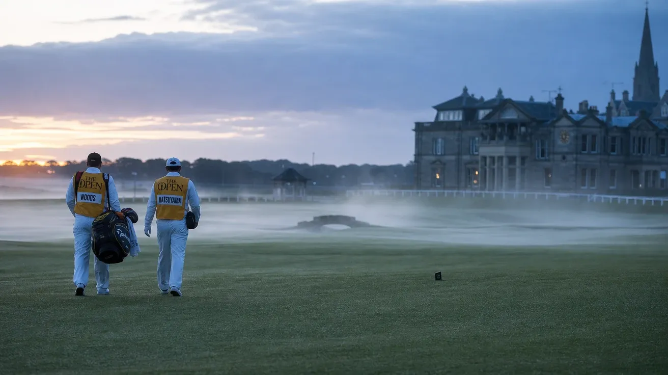 St Andrews Old Course at misty dawn with caddies walking onto the first tee, AI-generated stock golf image.