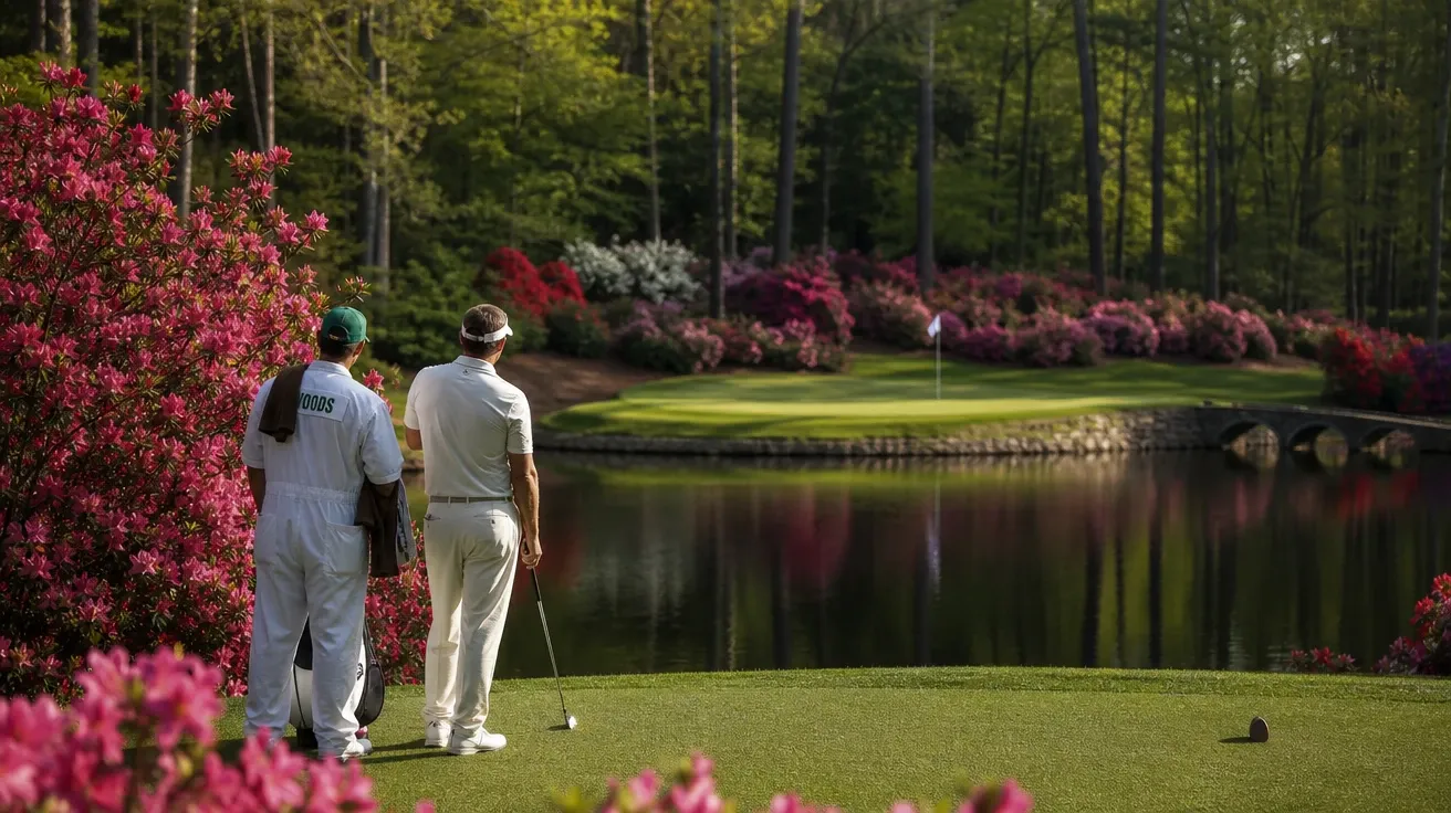 Augusta-style azalea par 3 in spring with pond and pine-flanked green, AI-generated stock golf image.