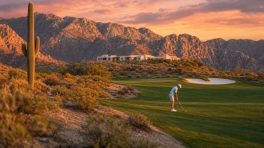 Coachella desert golf course at golden hour with saguaro, white bunker sand, mountains, AI-generated stock golf image.