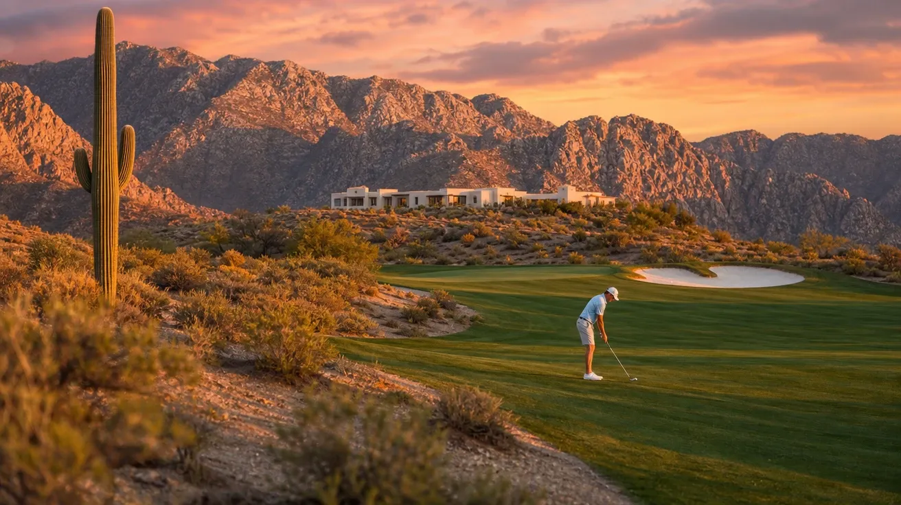 Coachella desert golf course at golden hour with saguaro, white bunker sand, mountains, AI-generated stock golf image.