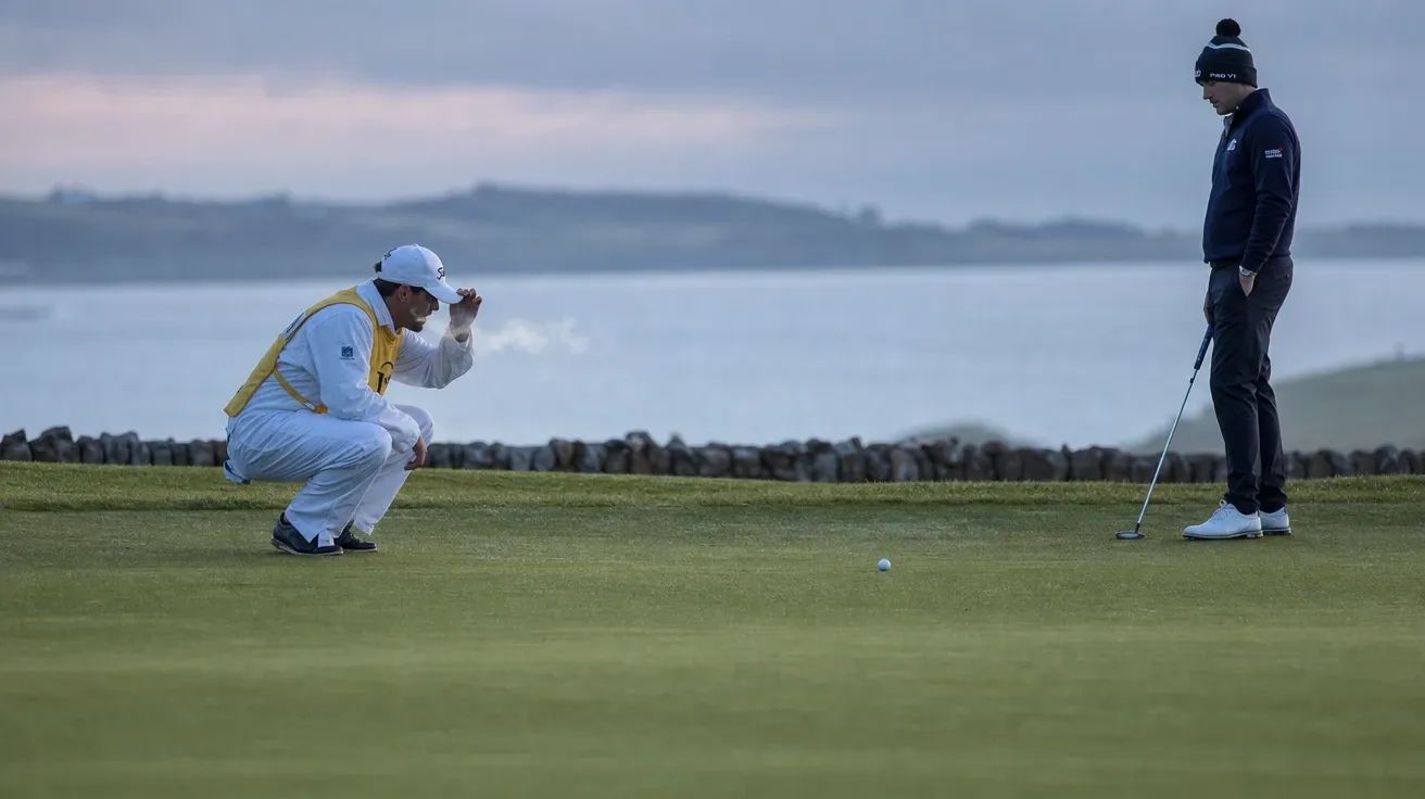 Links-course caddy reading the line of a putt at first light with player and ocean beyond, AI-generated stock golf image.