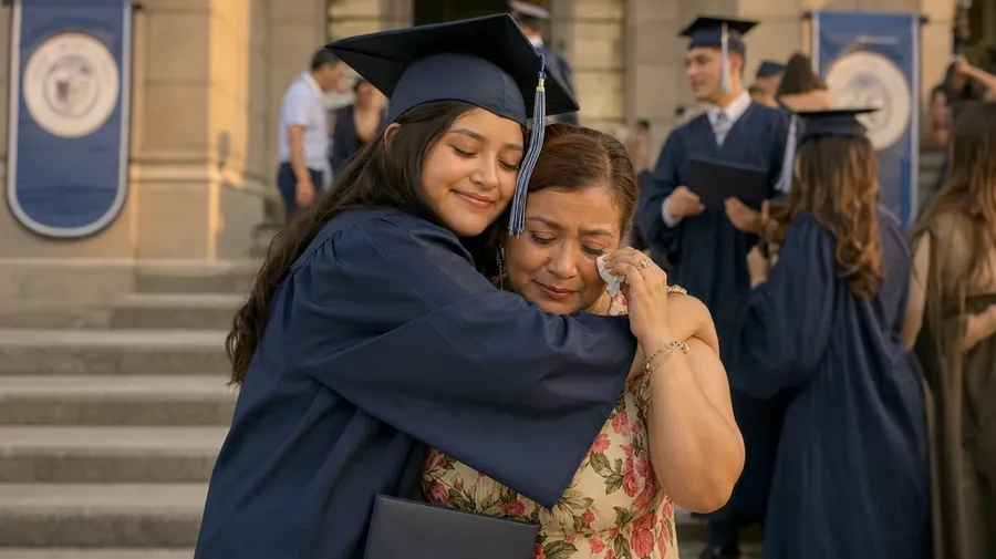 First-gen high-school senior hugging her mom on the school steps after graduation, golden hour. AI graduation stock.