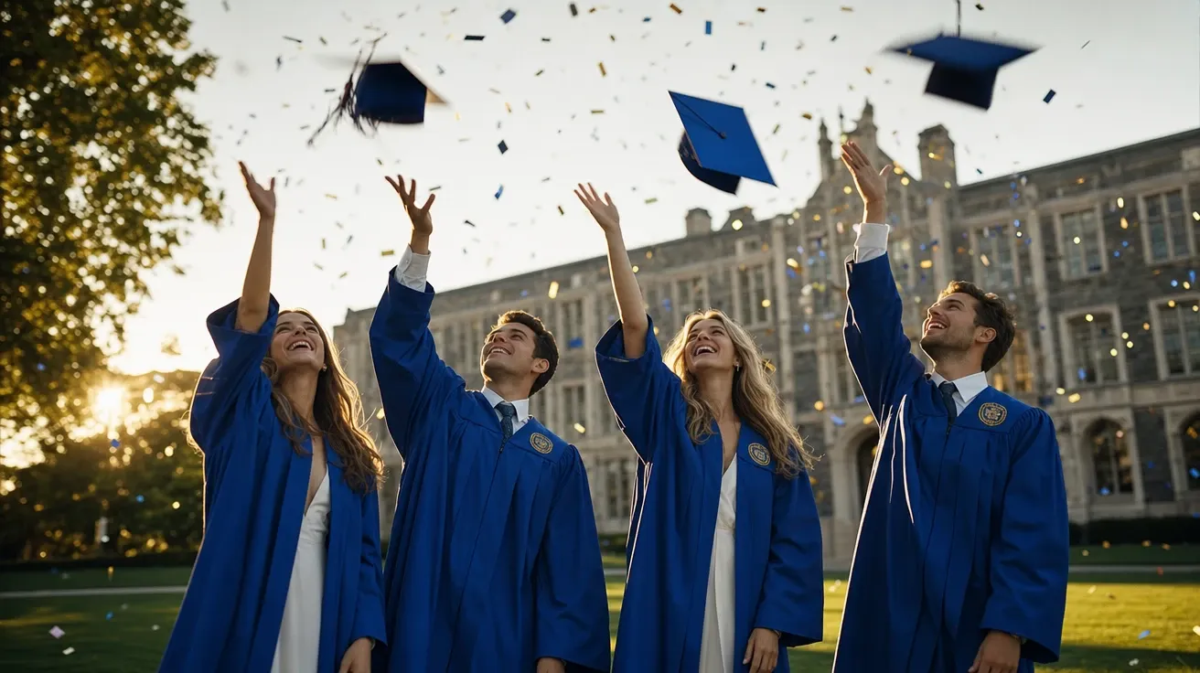 Four college seniors mid-cap-toss in blue gowns on the campus quad at golden hour. AI graduation stock photo.