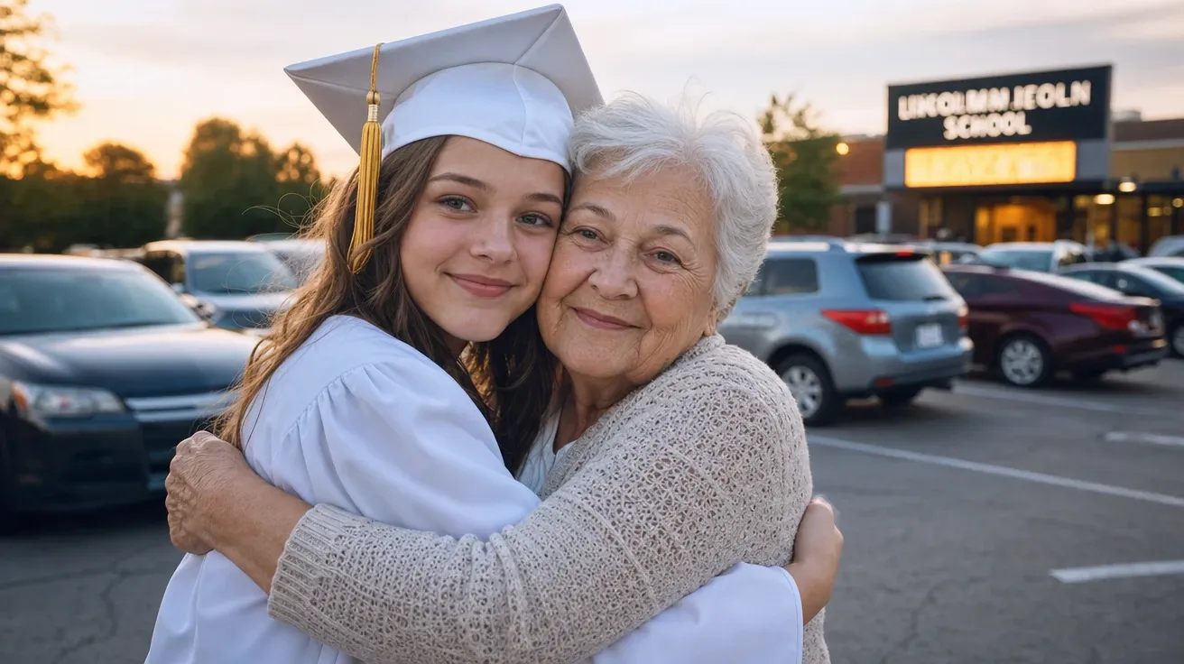Eighth-grade graduate in white gown hugging her grandmother in the school parking lot at dusk. AI graduation stock.